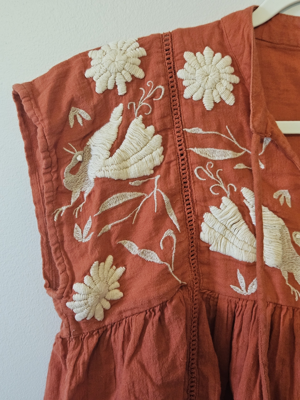 Orange Cotton Embroidered Womens Top With Tassel Tie - Picture 3 of 5